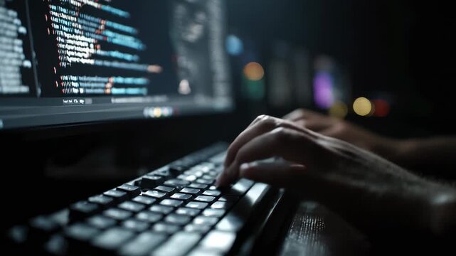 Hands typing code on laptop in dark room