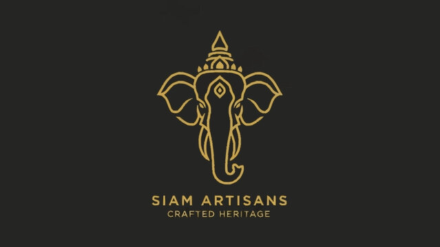 Elegant golden line art illustration of an elephant head with traditional Thai or Indian crown, representing Siam Artisans and crafted heritage on a dark background.