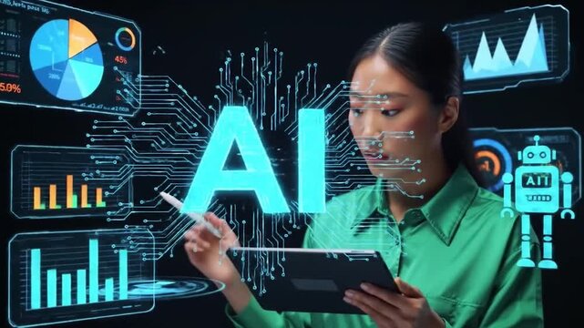 AI Data Visualization on Tablet with Stylus. Futuristic Artificial Intelligence Interface. Interactive Charts and Holographic Elements.
