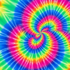 Vibrant tie-dye pattern with swirling spiral design showcases a spectrum of bright colors.