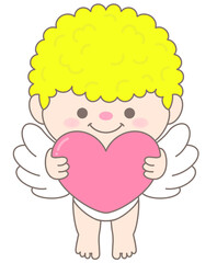 Valentine cupid with curly hair flying and hugging big pink heart