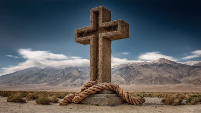 A cross made of interwoven material stands tall, tied by rope in an arid landscape with distant mountains