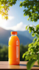 Fresh orange juice on a wooden table with mountain scenery and bright blue sky in the background, vibrant vertical image for natural lifestyle concept