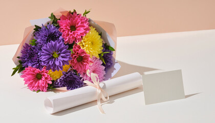 Mini Greeting Card Mockup with Diploma Scroll and Colorful Chrysanthemum Bouquet