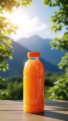 Fresh orange juice on a wooden table with mountain scenery and bright blue sky in the background, vibrant vertical image for natural lifestyle concept