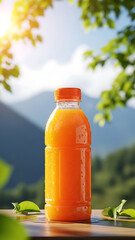 Fresh orange juice on a wooden table with mountain scenery and bright blue sky in the background, vibrant vertical image for natural lifestyle concept