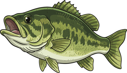 Detailed Cartoon Largemouth Bass Character Illustration Design on a White Background