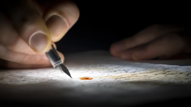 Close-up of a hand with a pen writing on paper, ink drop, illuminated in dark setting