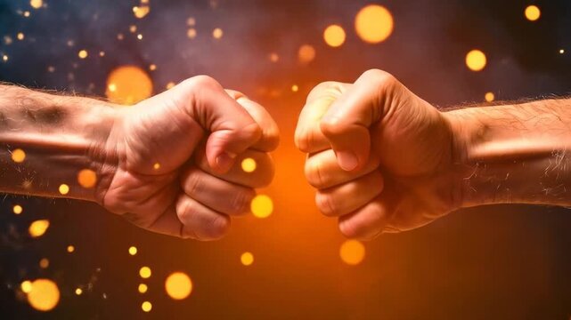 Fists bumping with fire effect in dark.