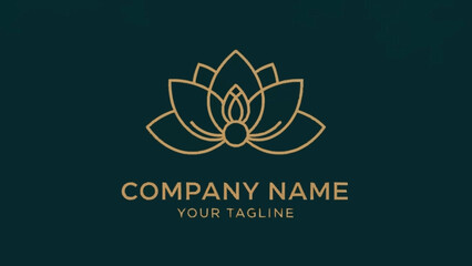 A minimalist golden lotus flower logo design on a dark teal background, featuring placeholder company name and tagline.