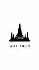 Minimalist black silhouette illustration of Wat Arun Ratchawararam Ratchawaramahawihan temple in Bangkok, Thailand, on a clean white background, with the name 'WAT ARUN' text below.