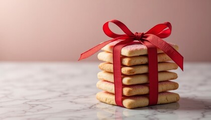 A stack of heart-shaped cookies tied with a red ribbon on a marble surface. The background is softly blurred with a pink hue, creating a romantic atmosphere for Valentine's Day.