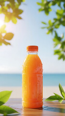 Fresh orange juice on wooden table with tropical beach and bright blue sky in the background vertical summer drink concept
