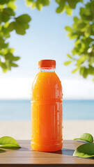 Fresh orange juice on wooden table with tropical beach and bright blue sky in the background vertical summer drink concept