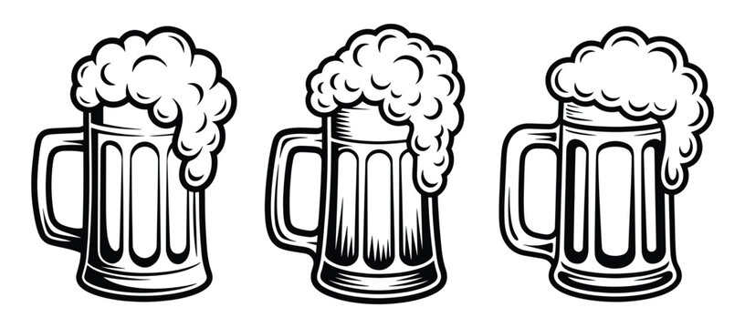 Naklejki Frothy beer mugs illustrated in a classic black and white line art style, Vintage-style beer mugs overflowing with foamy heads, perfect for a rustic or pub aesthetic, Vector illustration