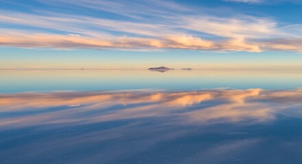 Stunning Sunset Reflection on Uyuni Salt Flat with Distant Island.