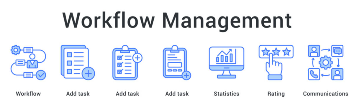 Workflow management streamlining task assignments with statistics tracking and rating through effective communications. icon sheet multiple style collection