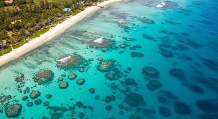 Aerial view of a tropical beach with clear turquoise water and coral reefs, perfect for snorkeling and relaxation.