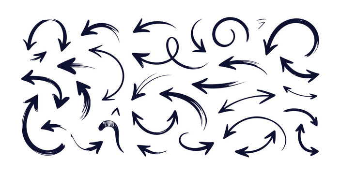 Set of expressive hand sketched arrow icons showing various directions and movement styles