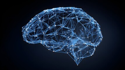 Three dimensional digital representation of the human cerebrum structure glows with illuminated nodes and connecting lines against a dark backdrop.