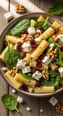 Italian tube shaped pasta mixed with cheese cubes, nuts, and dried fruit served in a rustic bowl
