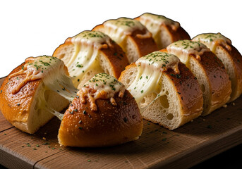 Cheese-filled garlic bread with melted cheese and herbs on wooden board