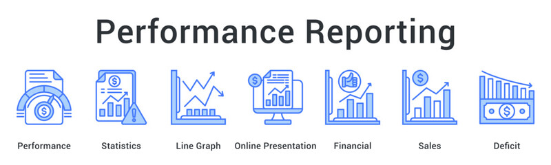 Performance reporting displaying statistics and graphs in online presentations showing financial sales and deficit analysis.