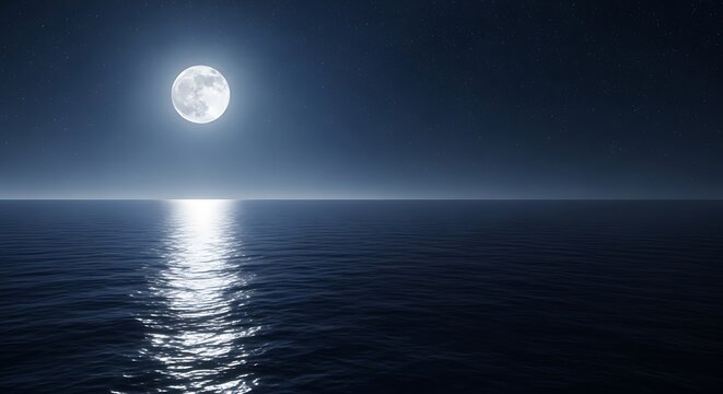 Bright full moon illuminates a vast expanse of dark ocean water under a starry night sky