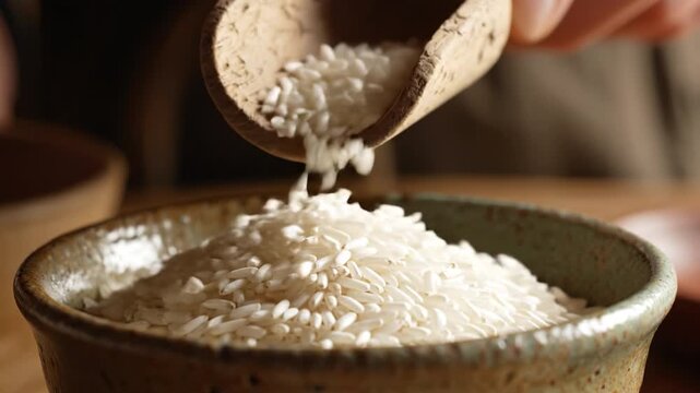 White rice grain pouring from wooden scoop into ceramic bowl close up uncooked natural food organic ingredient healthy grain preparation warm cozy kitchen setting natural texture uncooked staple food