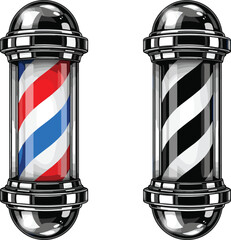 Glossy traditional barber pole illustration featuring red blue white stripes and modern black white variant, classic barbershop symbol design for branding
