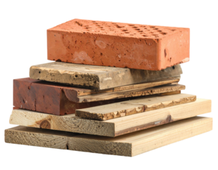 Stack of Various Building Materials Including Bricks and Wooden Planks Isolated on Transparent Background