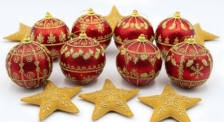 Set of red and gold ornaments on white background seasonal decoration