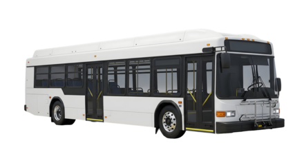 A modern white bus parked on a street, isolated on transparent background	
