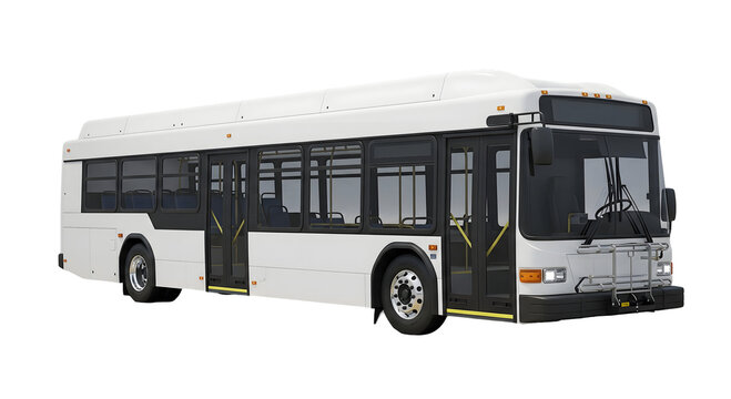 A modern white bus parked on a street, isolated on transparent background	
