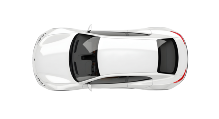 A white car, viewed from above, showcasing its sleek design and contours. The vehicle is presented in a clean, modern style, ideal for various design purposes, isolated on transparent background	

