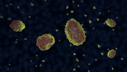 Xenobots swimming in liquid. Microscopic synthetic life. Biological robots. Biodegradable soft robotics. Programmable artificial life.  3d render illustration.