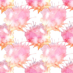 Watercolor seamless pattern with pink orange yellow spot on white background. Hand-drawn blob for sketchbook or artist card. Paint splashes for decor swatch. Abstract art for wallpaper or wrapping