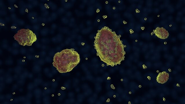 Xenobots swimming in liquid. Microscopic synthetic life. Biological robots. Biodegradable soft robotics. Programmable artificial life.  3d render illustration.