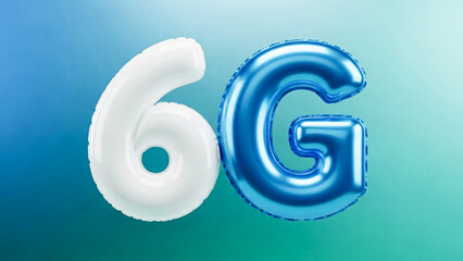 Inflatable 6g letter balloons float against a vibrant blue and green gradient background