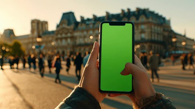 Hand holding phone near Eiffel Tower in Paris