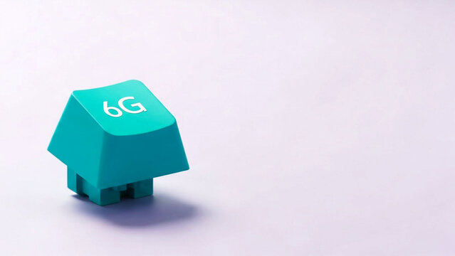 Teal 6g keyboard key rests alone on a minimalist light purple background surface - Powered by Adobe