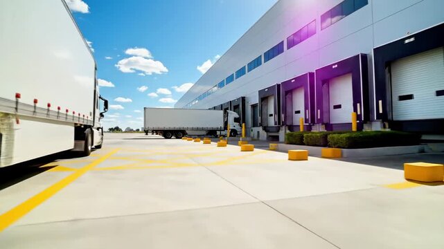 A sunny scene at a large warehouse with loading docks and trucks, clear blue sky
