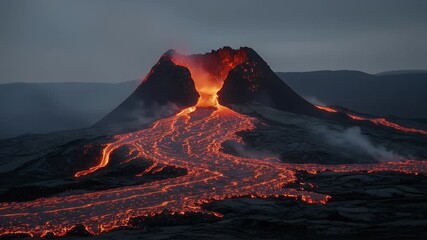 Volcano Eruption Lava Flowing Downside Against Sky in Dark Twilight, Night Sky Background, Mountain Landscape, Hot