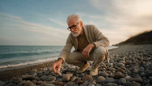 Senior man in cozy clothing picking smooth pebble on stony beach at sunset, calm sea and pastel sky creating reflective moment of solitude and mindfulness. - Powered by Adobe