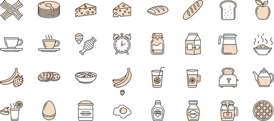 Breakfast food icons collection including bread, coffee, fruits, eggs, drinks, dairy, and snacks illustrated in simple line and color vector style