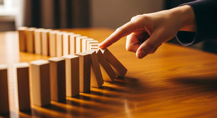 Finger pushing wooden dominoes causing a chain reaction on a table block game