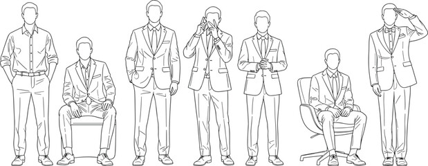 Businessmen, poses, collection, line, art, illustration, professional, men, suits, standing, sitting, gestures, corporate, office, people, outline, vector, design, black, white