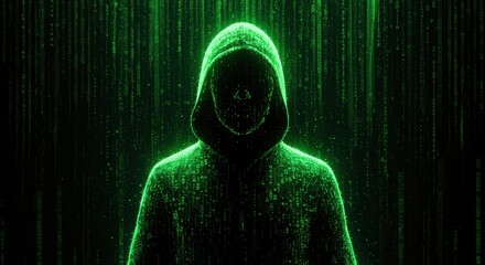 Anonymous Hacker Silhouette Made of Green Digital Code Matrix image photo