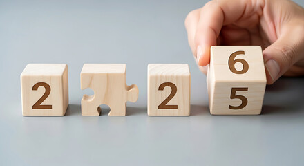 Hand places wooden block with numbers 6 and 5 next to puzzle pieces and number 2 blocks image
