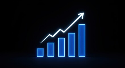 Blue Neon Bar Graph with Upward Arrow on Black Background bar chart rising